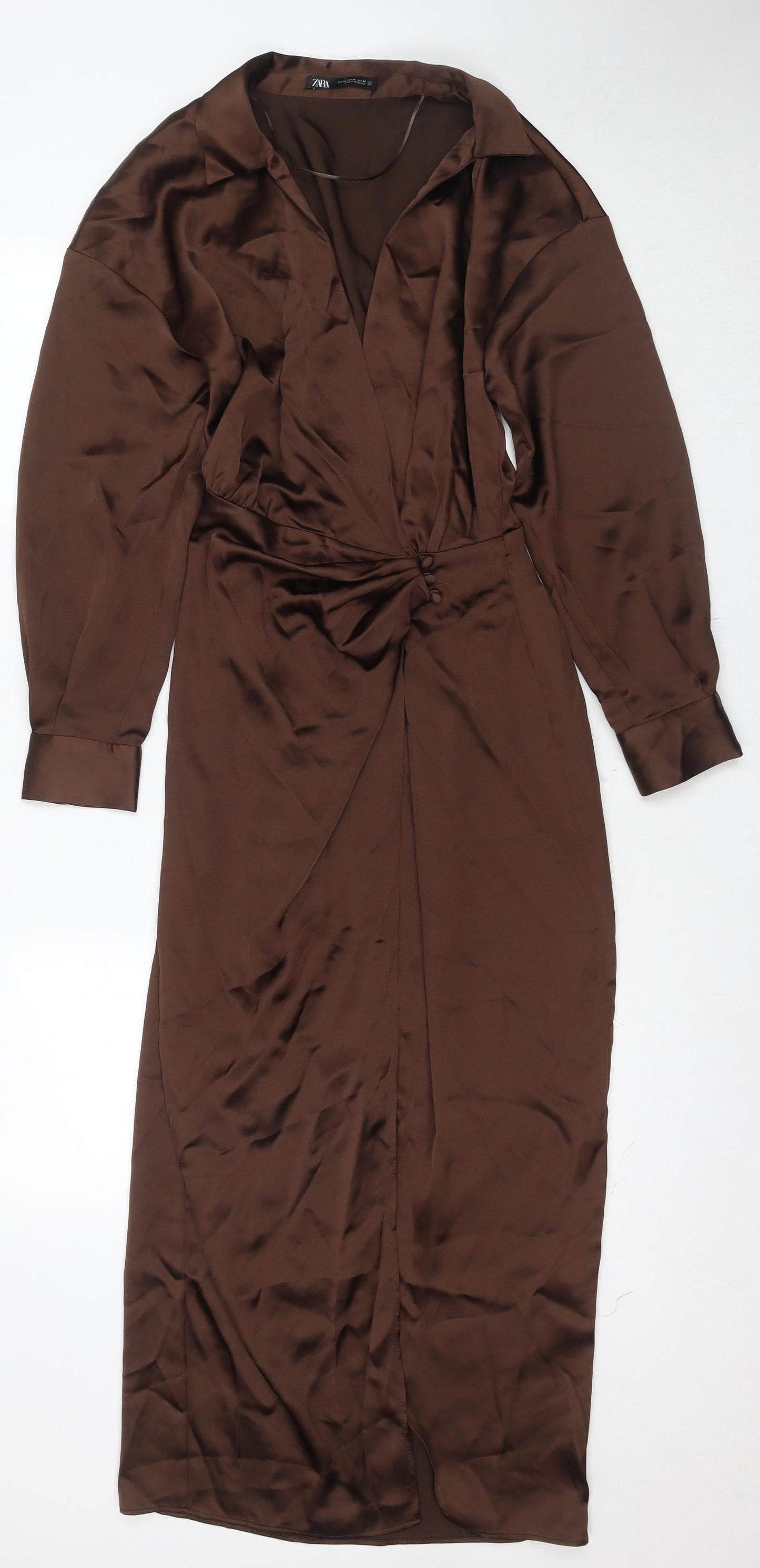 Zara Women's Brown Dress XS V-Neck Long Sleeve