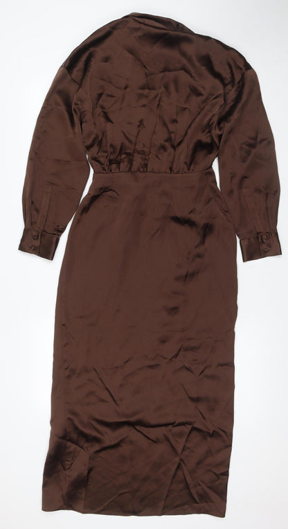 Zara Women's Brown Dress XS V-Neck Long Sleeve