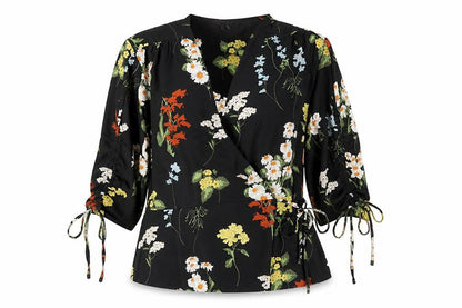 Topshop Women's Black Floral Wrap Blouse Size 12