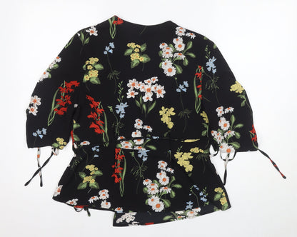 Topshop Women's Black Floral Wrap Blouse Size 12