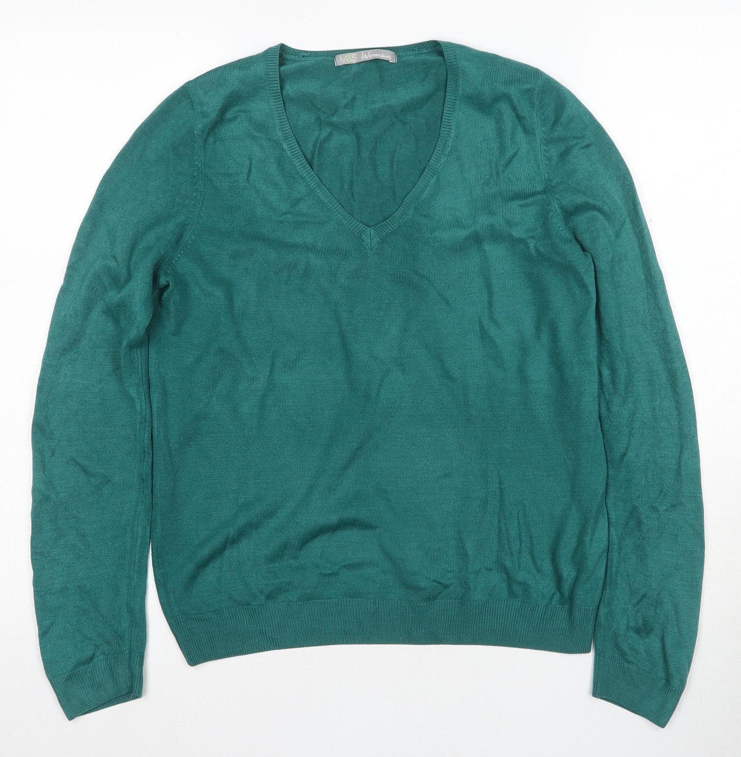 Marks and Spencer Women's Green V-Neck Sweater Size 10