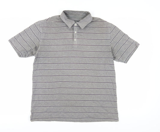 Marks and Spencer Men's Grey Striped Polo Shirt M