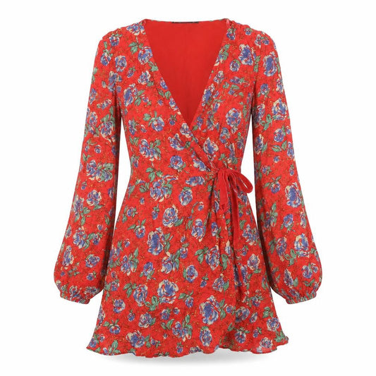 Front view of Trafaluc Red Floral Short Wrap Dress, size 8