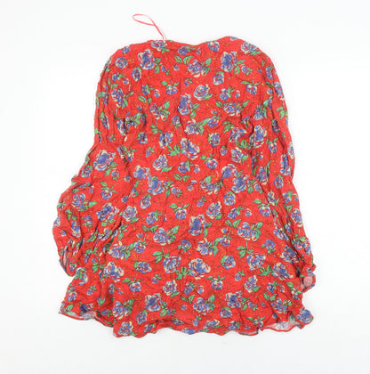 Trafaluc Red Floral Short Wrap Dress Size 8