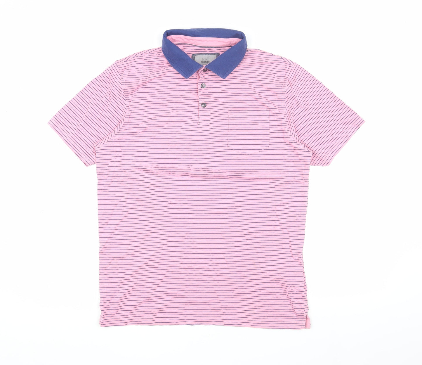 Marks and Spencer Men's Pink Striped Cotton Polo M