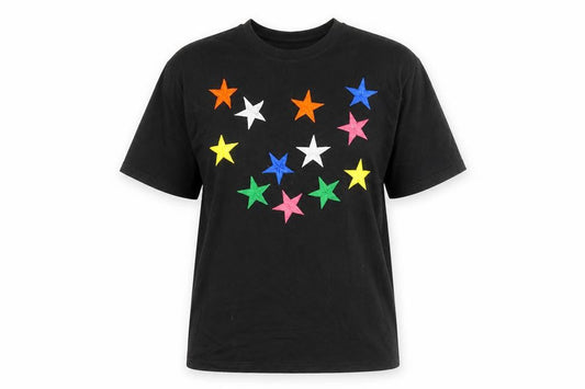 Front view of Richards unisex black star embroidered t-shirt
