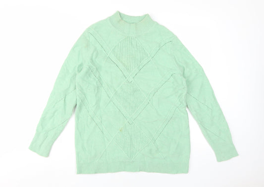 Damart Women's Mock Neck Green Jumper, Size M, Geometric Knit