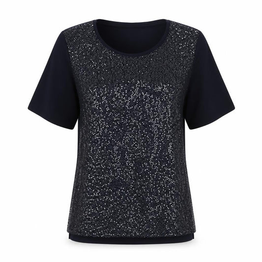 Front view of Canda Women's Black Sequin T-Shirt, size S, Casual Wear