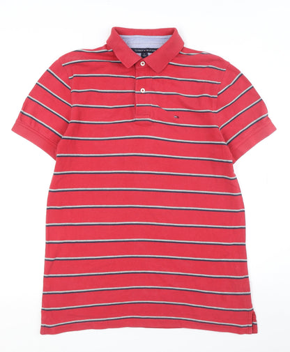 Tommy Hilfiger Men's Red Polo - Striped Short Sleeve M