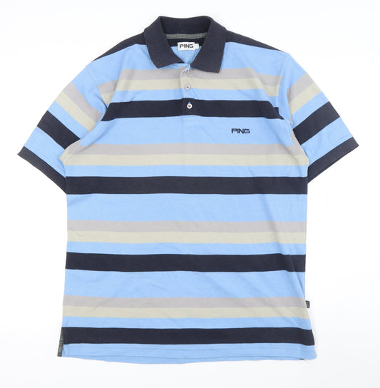 PING Men's Blue Striped Polo Shirt - Size S, Cotton Blend