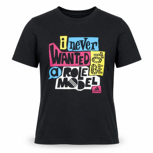 Front view of Adidas unisex black quote t-shirt, size S, 100% cotton