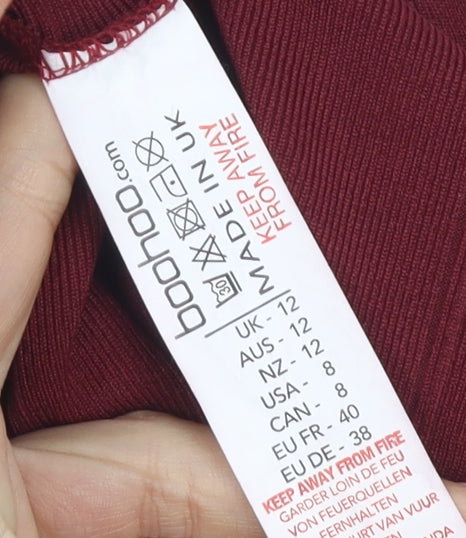 Boohoo Women's Red Bodycon Dress Size 12 Zip Detail