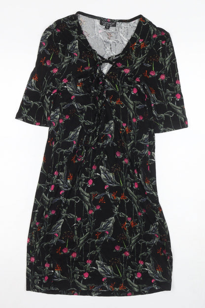 Topshop Women's Floral Black Dress - Size 6, Half Sleeves