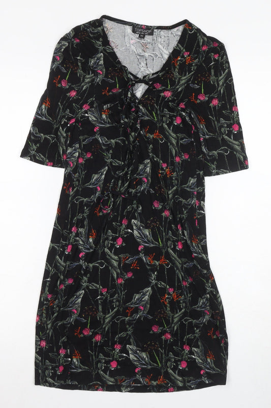 Topshop Women's Floral Black Dress - Size 6, Half Sleeves