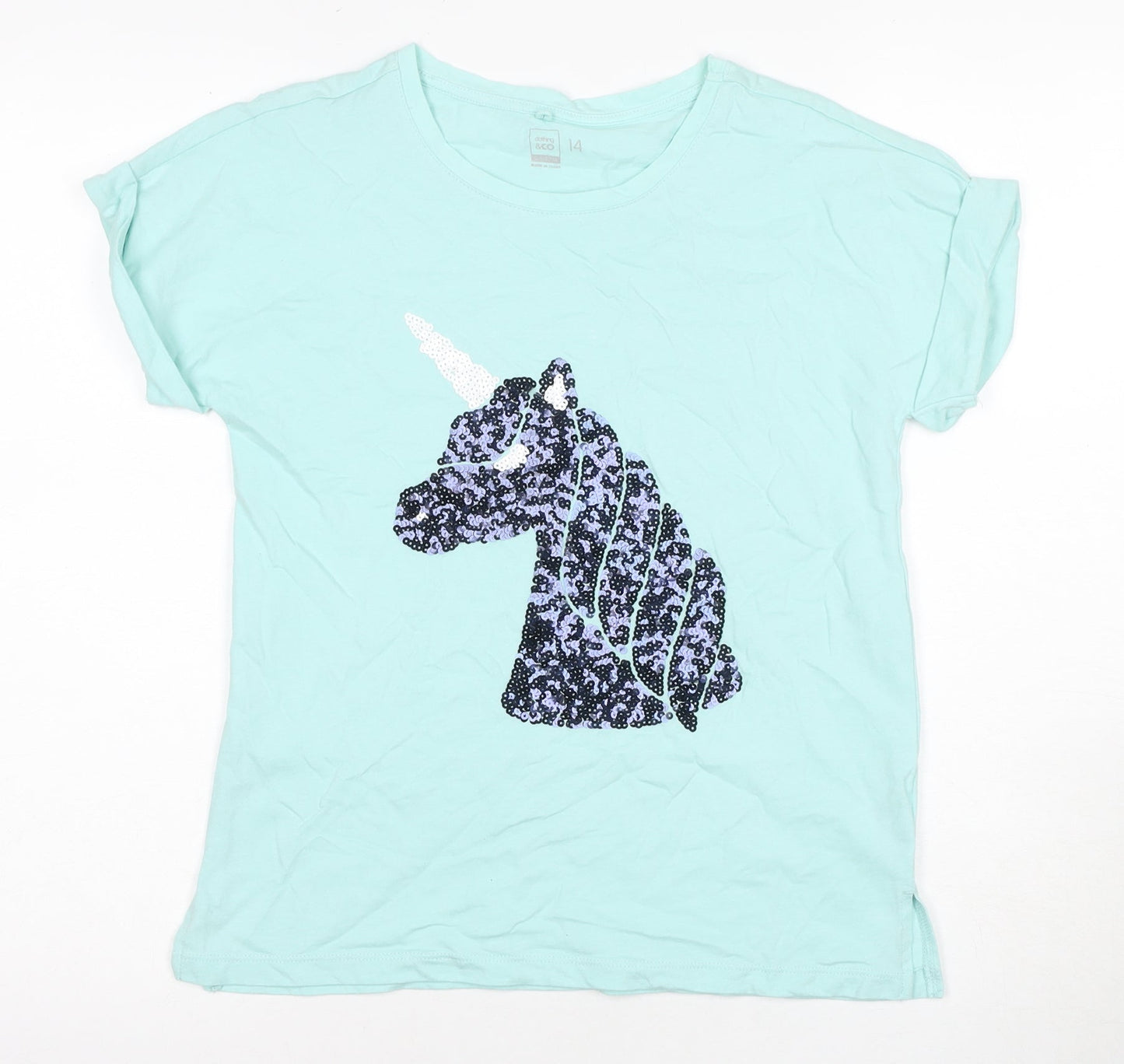 Clothing & Co Teens Blue T-Shirt, Sequin, Size 14, Unicorn