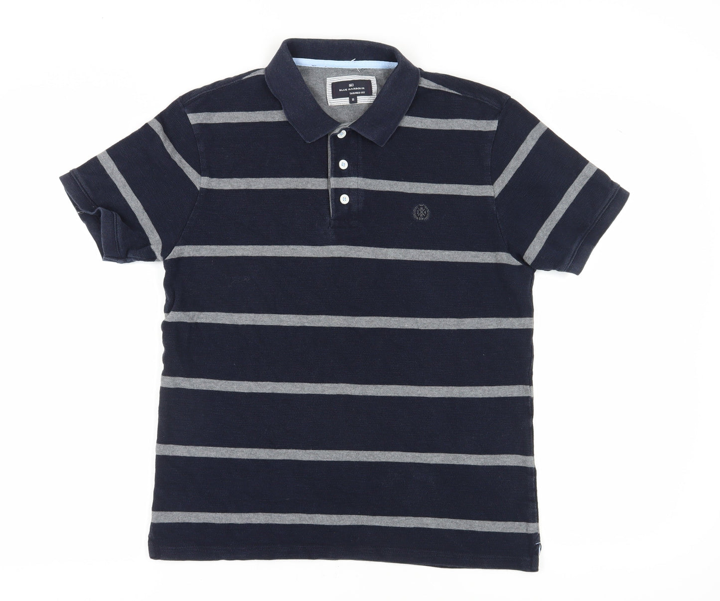 Marks and Spencer Men's Blue Striped Polo - Medium