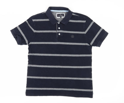 Marks and Spencer Men's Blue Striped Polo - Medium