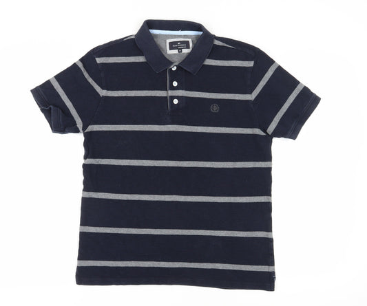 Marks and Spencer Men's Blue Striped Polo - Medium