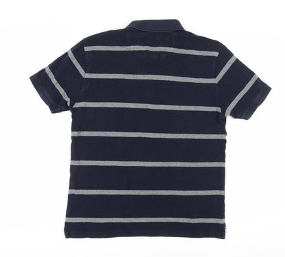 Marks and Spencer Men's Blue Striped Polo - Medium