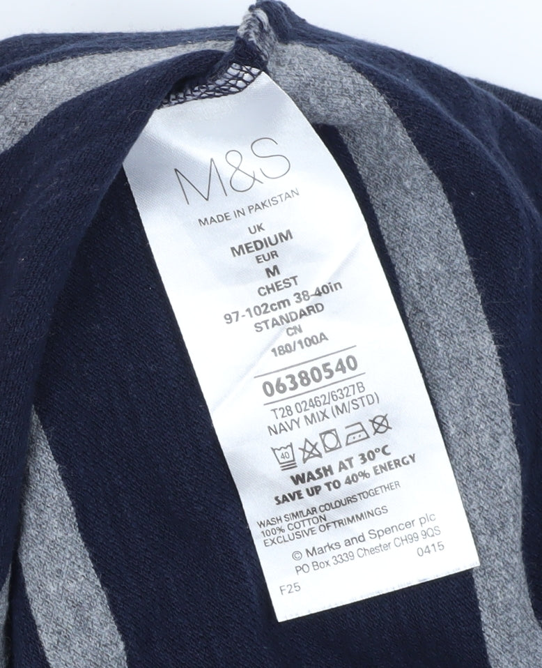 Marks and Spencer Men's Blue Striped Polo - Medium