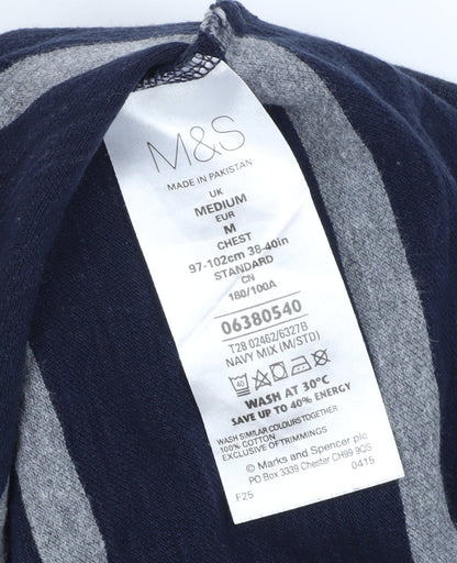 Marks and Spencer Men's Blue Striped Polo - Medium