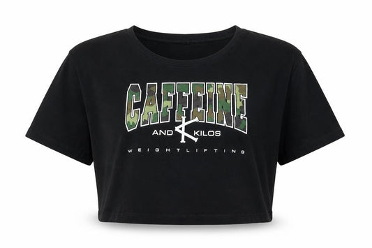 Front view of Caffeine & Kilos unisex black cropped t-shirt m
