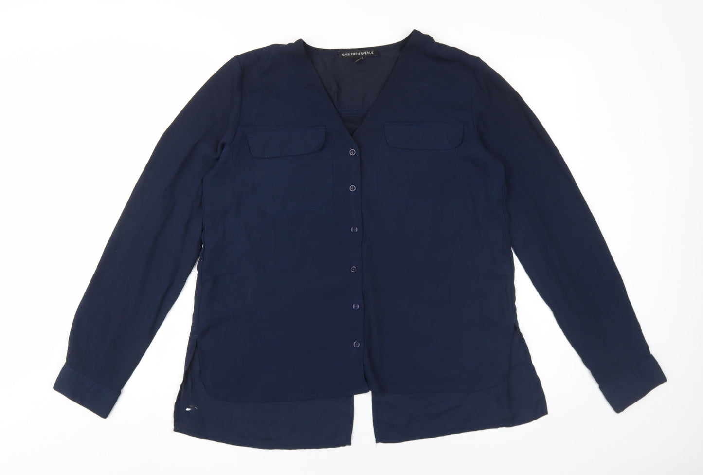 Saks Fifth Avenue Women's Blue V-Neck Button-Up Shirt M