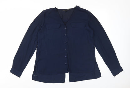 Saks Fifth Avenue Women's Blue V-Neck Button-Up Shirt M