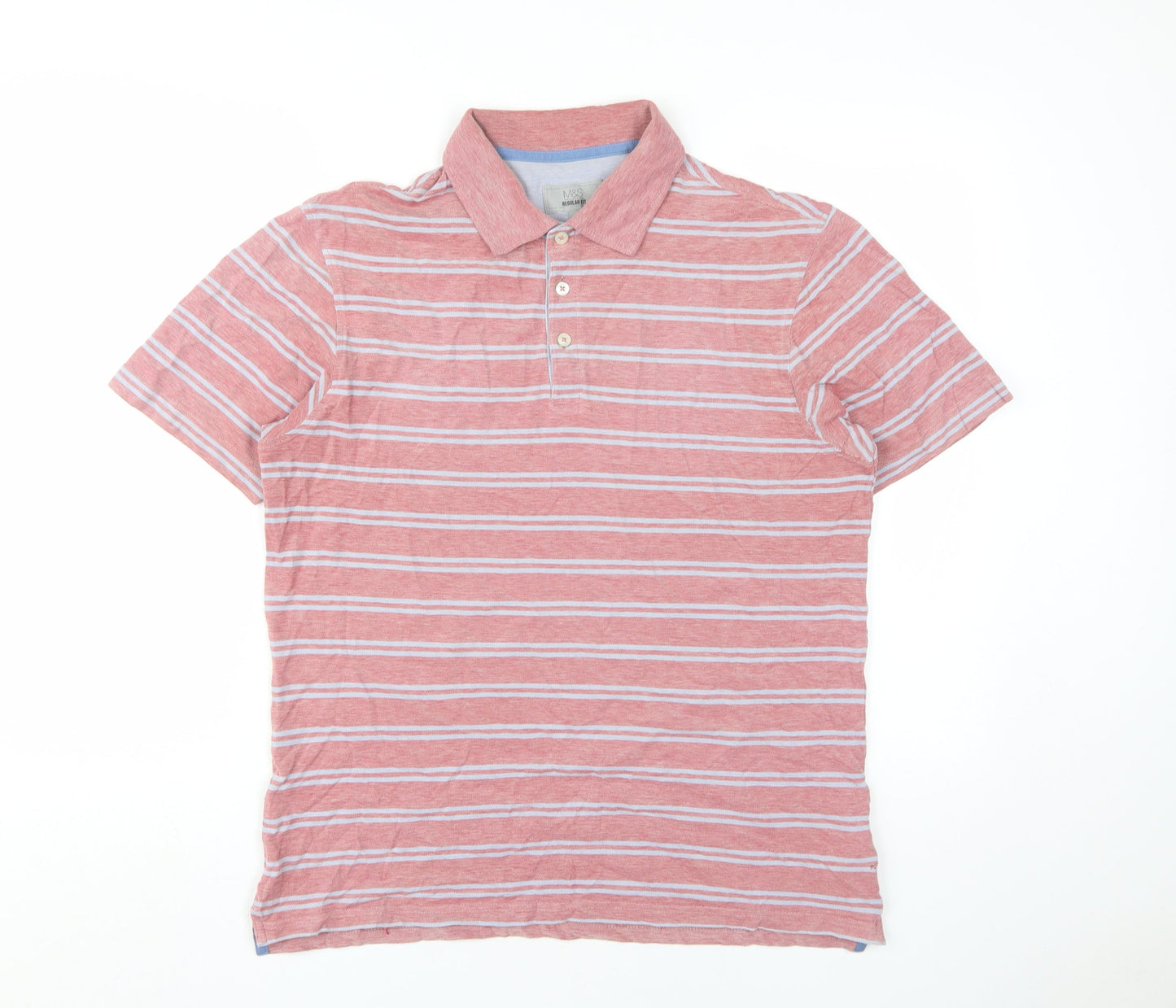 Marks and Spencer Men's Red Striped Polo - Medium