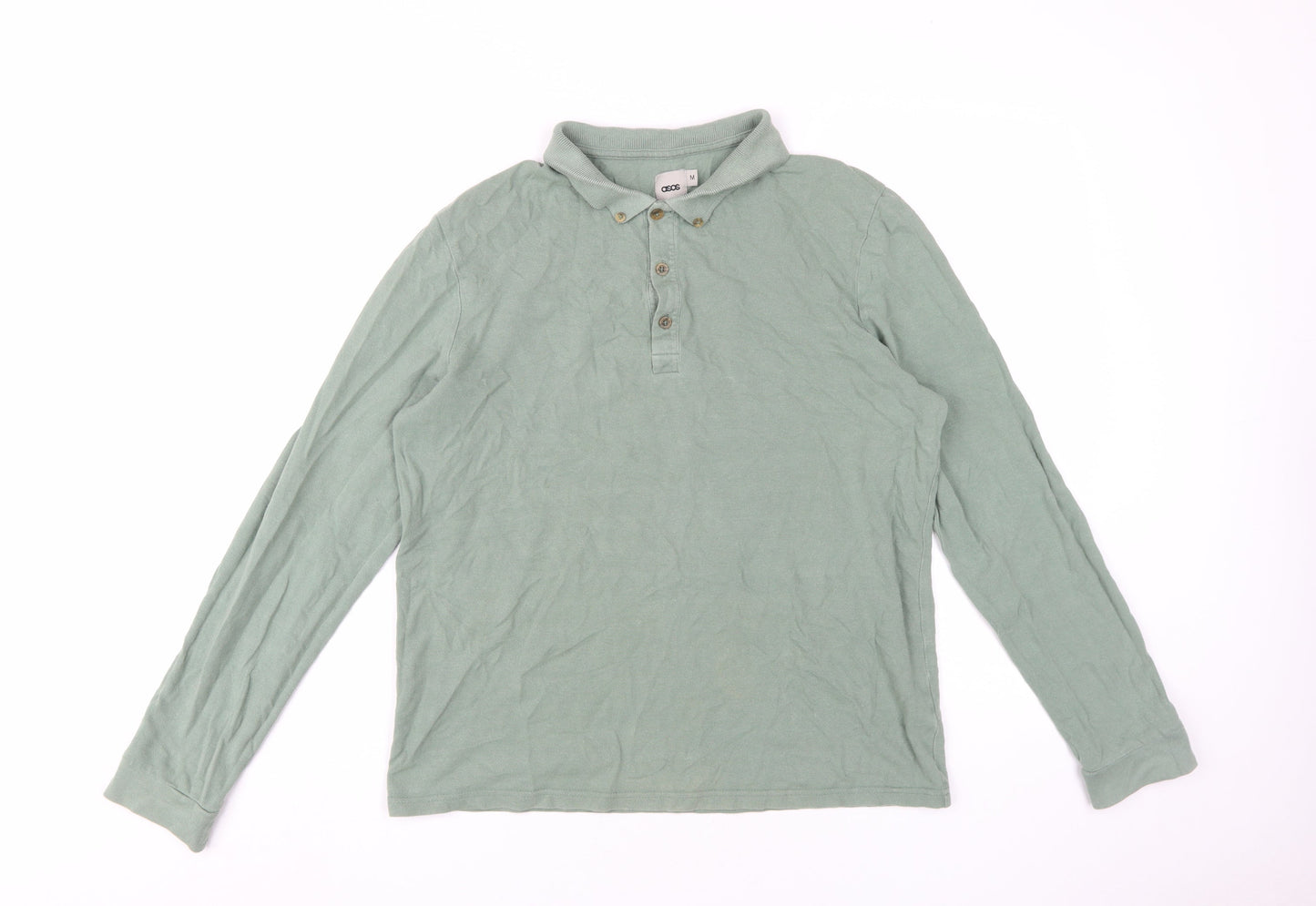 ASOS Men's Green Long Sleeve Polo Shirt, M, Button Collar