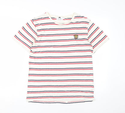 Topman Men's Striped Beige T-Shirt Medium Cotton
