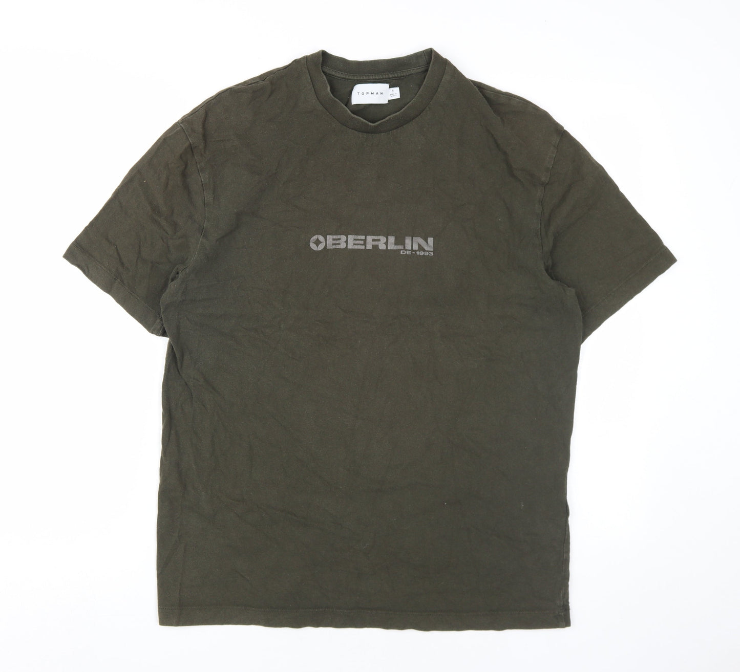 Topman Men's Green S T-Shirt - Crew Neck, Short Sleeve, Cotton