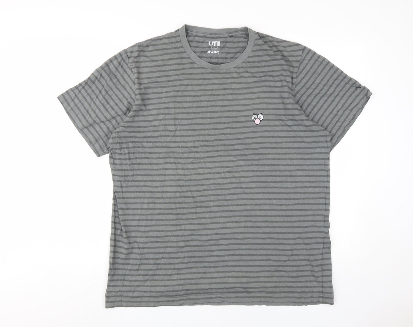 UNIQLO Men's Grey Striped Kaws Crew Neck T-Shirt XL
