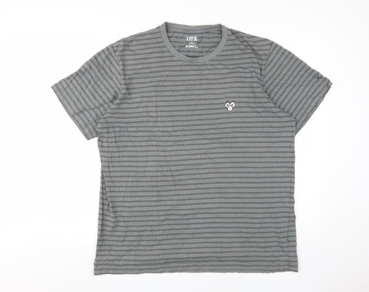 UNIQLO Men's Grey Striped Kaws Crew Neck T-Shirt XL