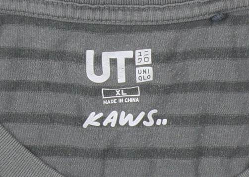 UNIQLO Men's Grey Striped Kaws Crew Neck T-Shirt XL