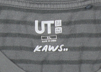UNIQLO Men's Grey Striped Kaws Crew Neck T-Shirt XL