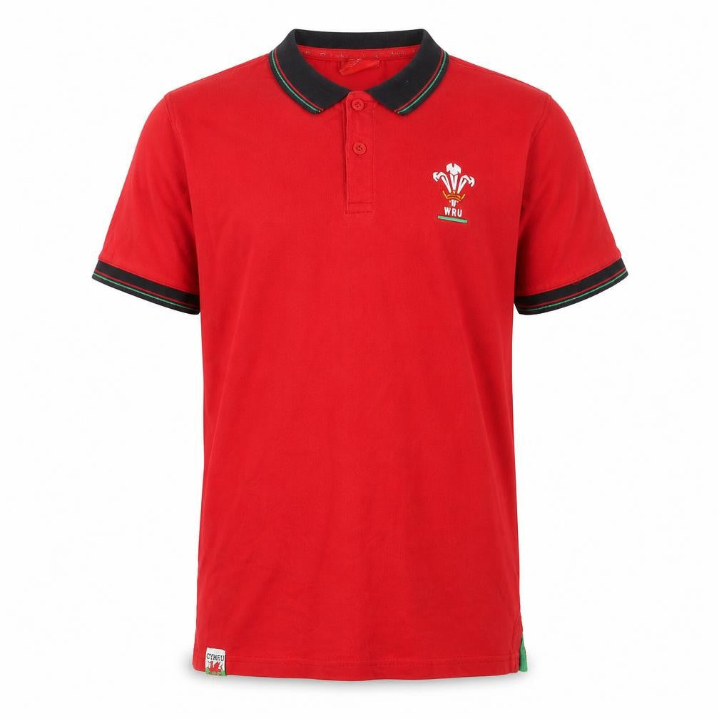 Front view of Fanatics Teens Red Rugby Polo Shirt 13, WRU Logo, Casual Wear
