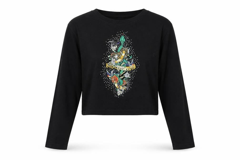 River Island Women's Black Cropped Tattoo T-Shirt