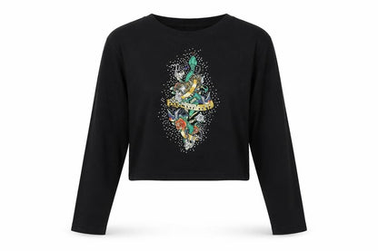 River Island Women's Black Cropped Tattoo T-Shirt
