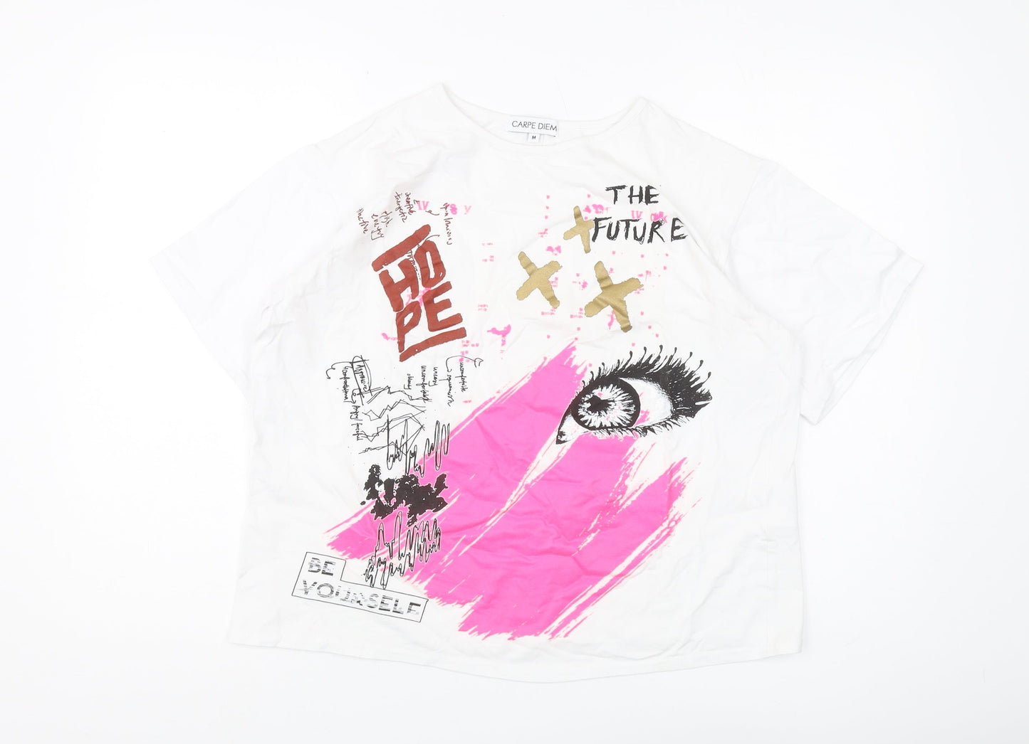 Carpe Diem Women's White Graphic T-Shirt, M, Casual Art Style