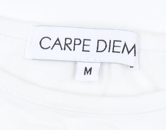 Carpe Diem Women's White Graphic T-Shirt, M, Casual Art Style