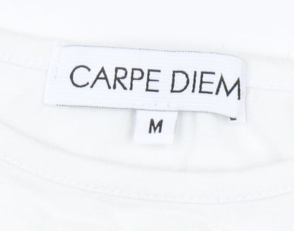 Carpe Diem Women's White Graphic T-Shirt, M, Casual Art Style