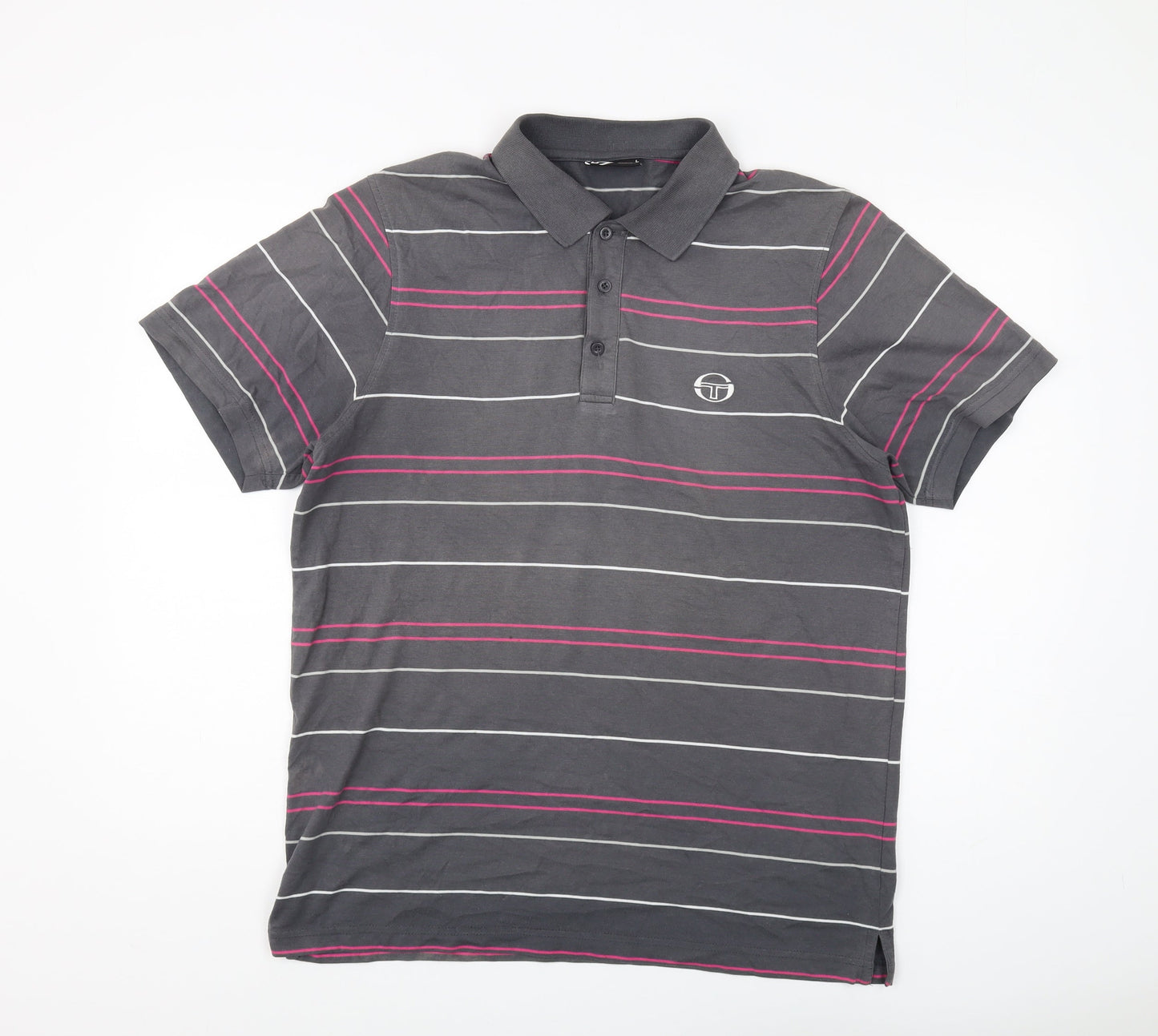 Sergio Tacchini Men's Grey Striped Polo Shirt L