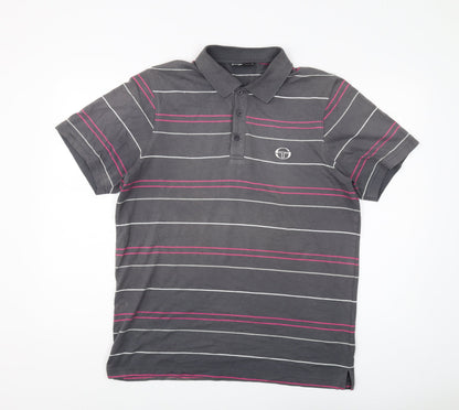 Sergio Tacchini Men's Grey Striped Polo Shirt L