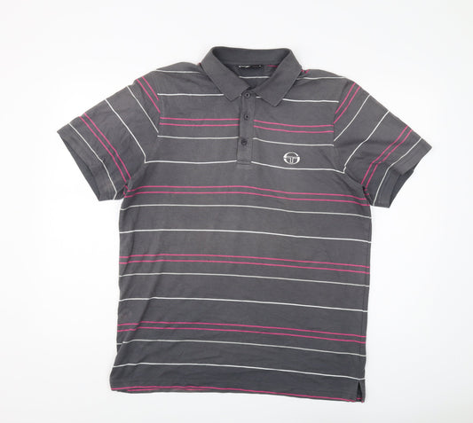 Sergio Tacchini Men's Grey Striped Polo Shirt L