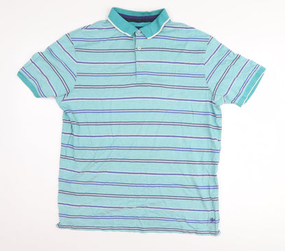 Marks and Spencer Men's Blue Striped Polo Shirt M