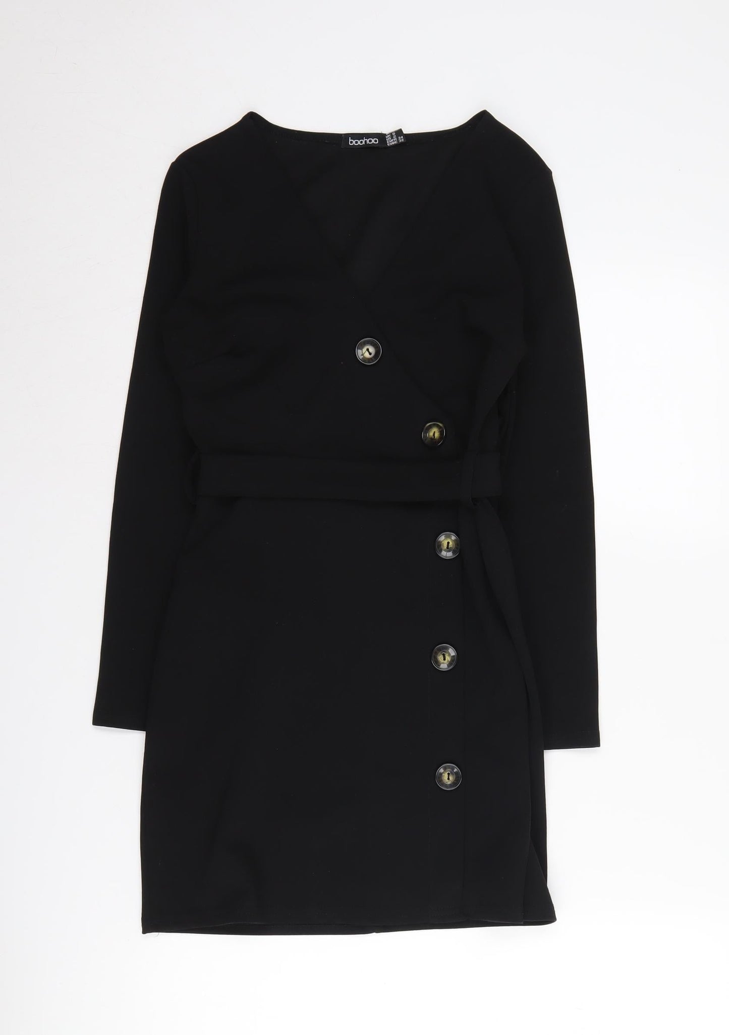 boohoo Women's Black Wrap Dress, Size 6, Long Sleeve