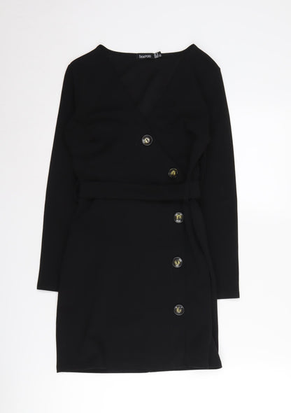 boohoo Women's Black Wrap Dress, Size 6, Long Sleeve