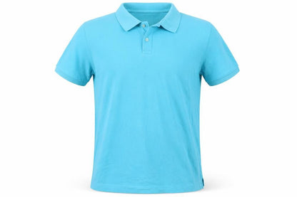 Front view of Lands' End unisex blue polo shirt, size L, short sleeve