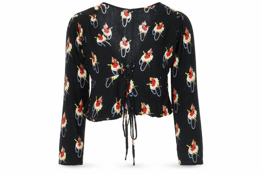 Model Women's Black Floral Cropped Blouse, Size S